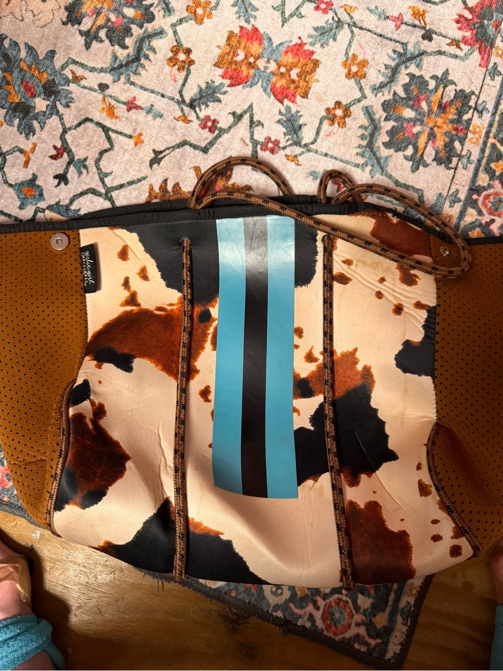 Unknown Brand Brown Cowhide & Turquoise Stripe ladies  Tote
